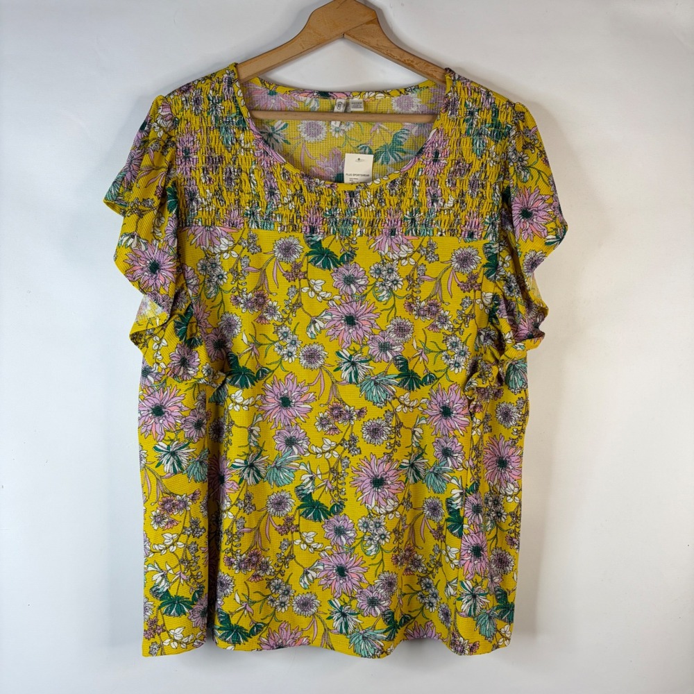 Cato Floral Blouse Womens 22/24W Yellow Smocked Flutter Sleeve Waffle Knit